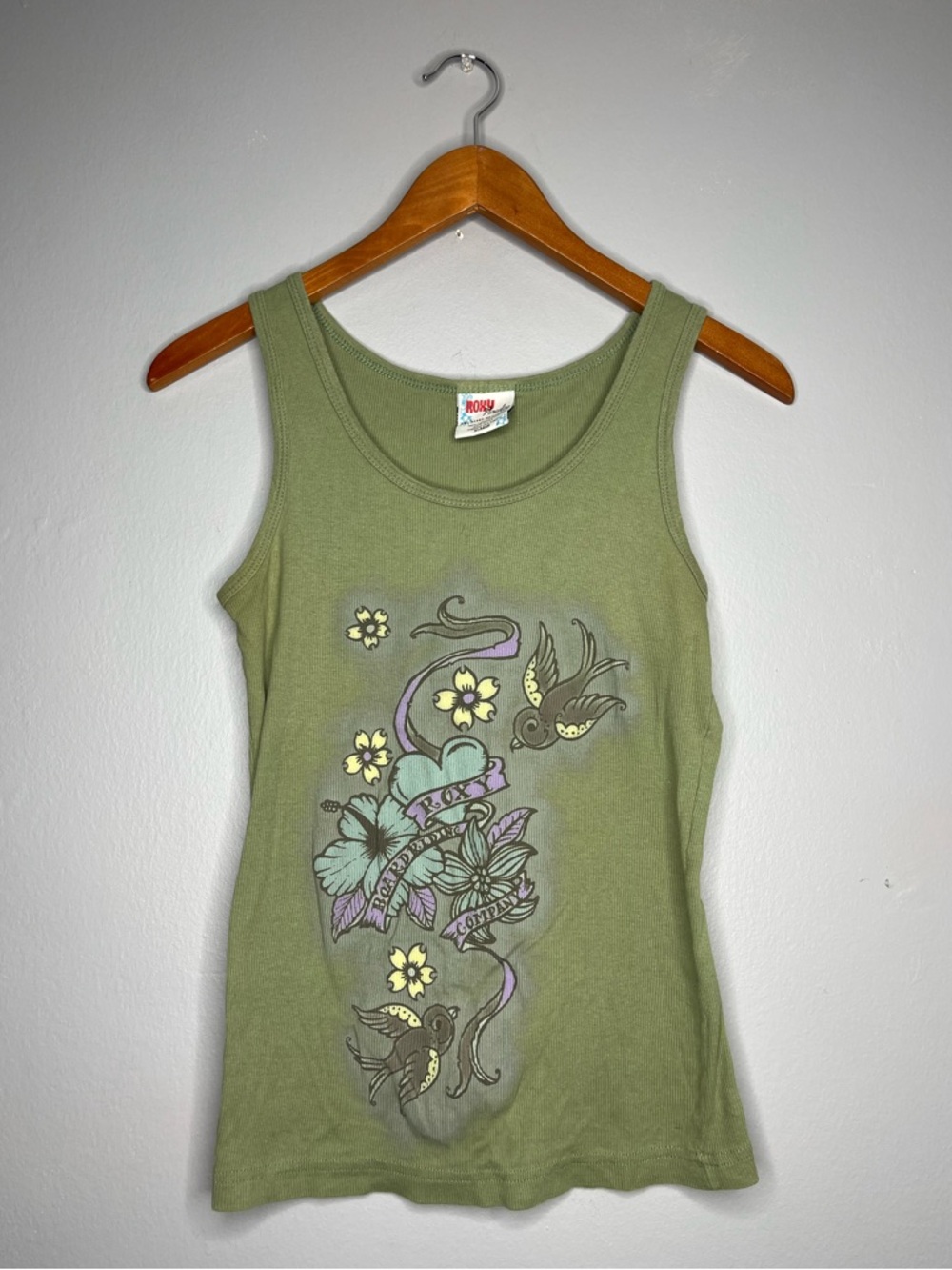 Vintage Y2K Roxy Paradise Olive Green Floral Graphic Grunge Bedazzled Tank Top